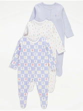 Blue Gingham Floral Long Sleeve Sleepsuits 3 Pack