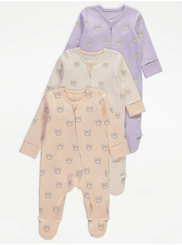 Pastel Bear Zip Fasten Sleepsuits 3 Pack