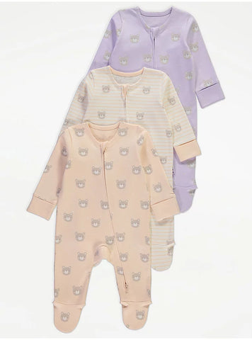 Pastel Bear Zip Fasten Sleepsuits 3 Pack Pastel Bear Zip Fasten Sleepsuits 3 Pack