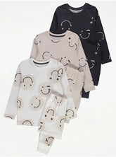 Neutral Smiley Face Long Sleeve Pyjamas 3 Pack