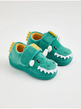 Kids Green Dinosaur Plush Warm Slippers with Hook and Loop Fastener