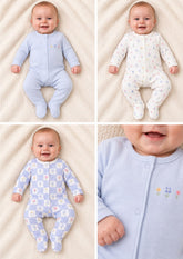 Blue Gingham Floral Long Sleeve Sleepsuits 3 Pack