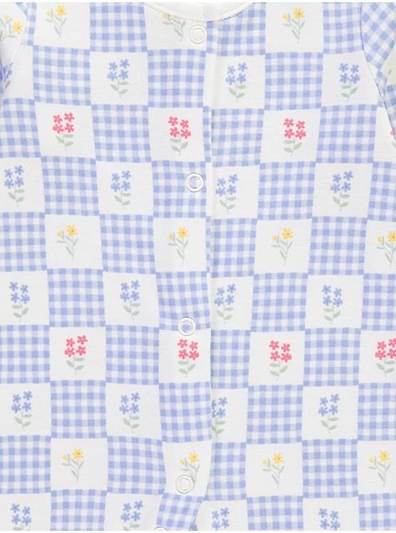 Blue Gingham Floral Long Sleeve Sleepsuits 3 Pack