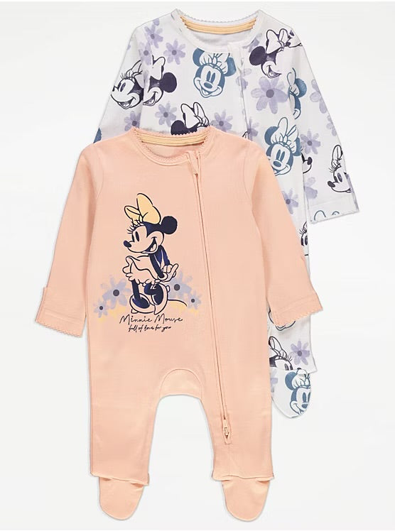 Disney Minnie Mouse Ribbed 2 Way Zip Sleepsuits 2 Pack