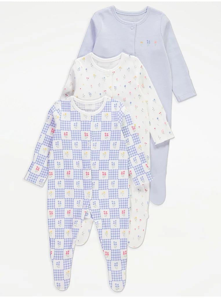Blue Gingham Floral Long Sleeve Sleepsuits 3 Pack