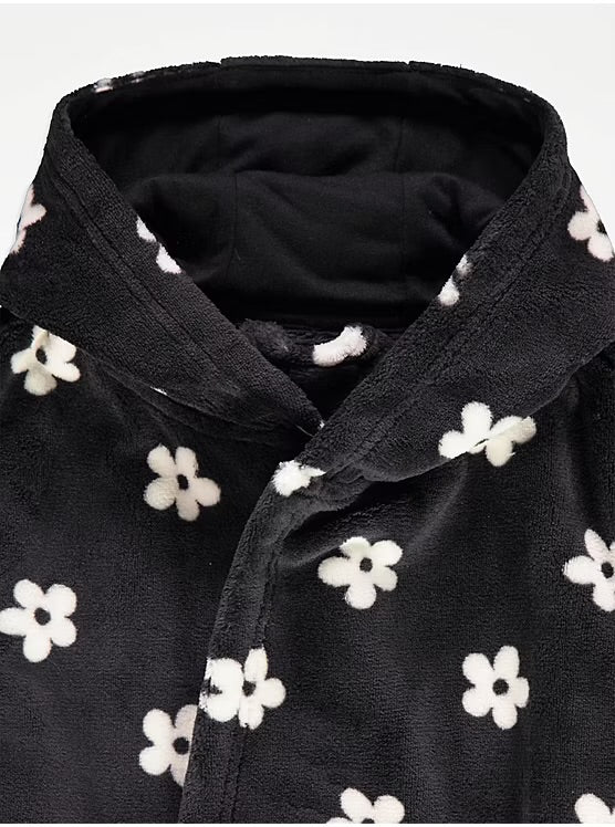 Black Daisy Fleece Dressing Gown