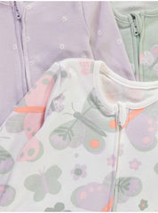 Lilac Butterfly Long Sleeve Sleepsuits 3 Pack