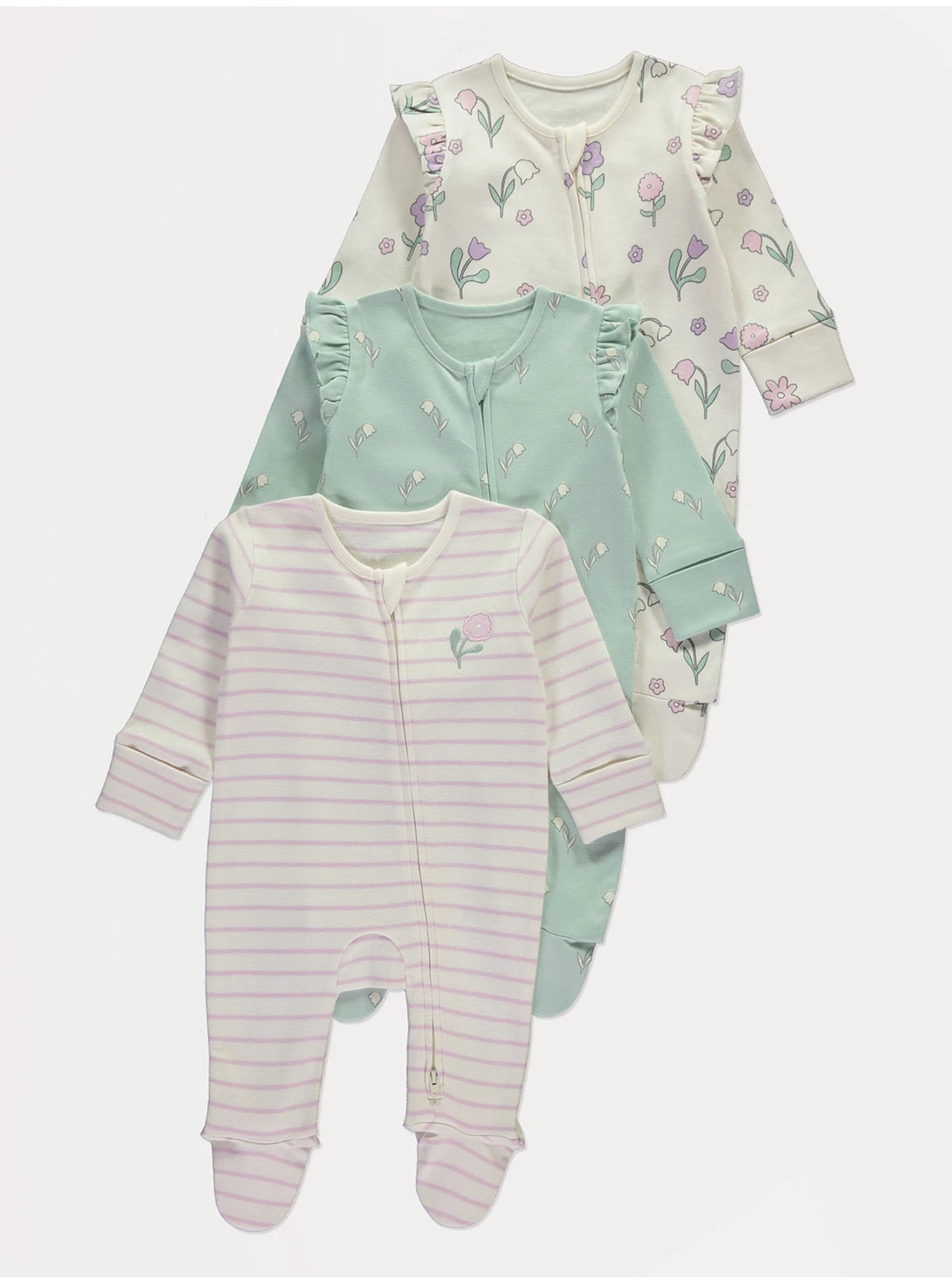 Flower Striped Zip Fasten Sleepsuits 3 Pack
