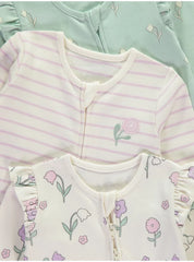 Flower Striped Zip Fasten Sleepsuits 3 Pack