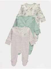 Flower Striped Zip Fasten Sleepsuits 3 Pack