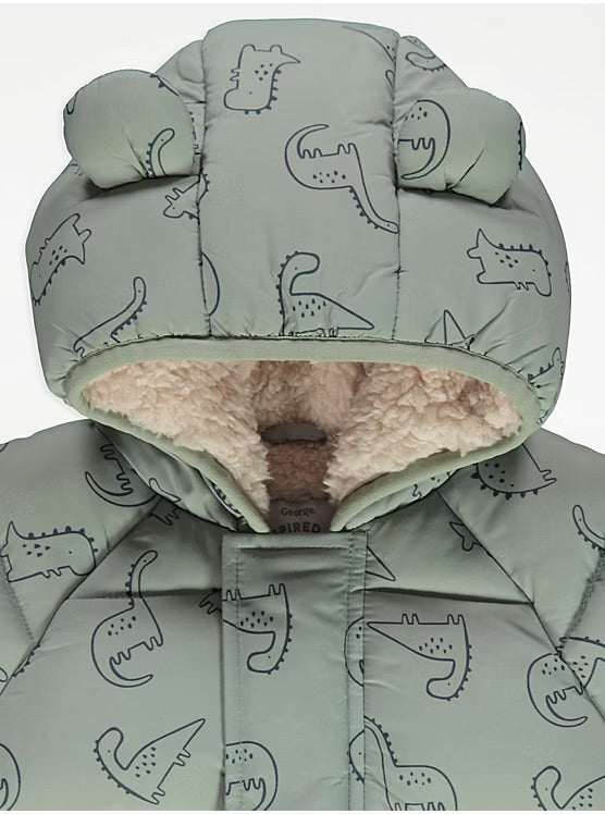 Green Dinosaur Fleece Lined Padded Coat