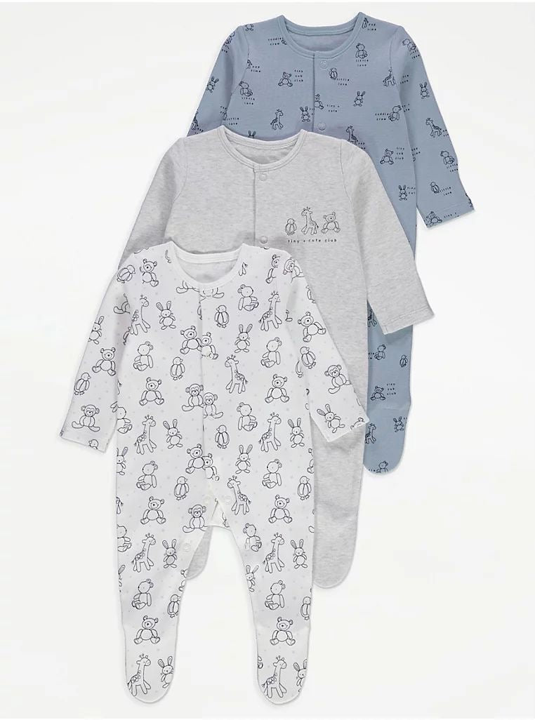 Blue Animal Tiny & Cute Club Sleepsuits 3 Pack
