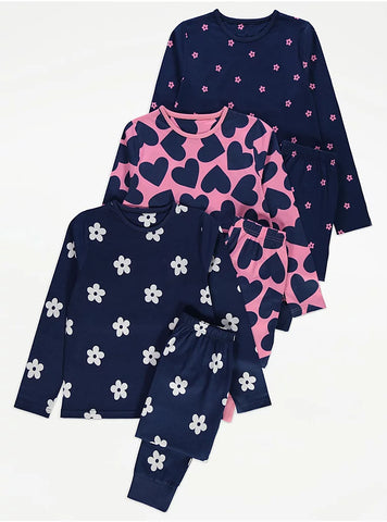 Heart  blue   Long Sleeve Pyjamas 3 Pack