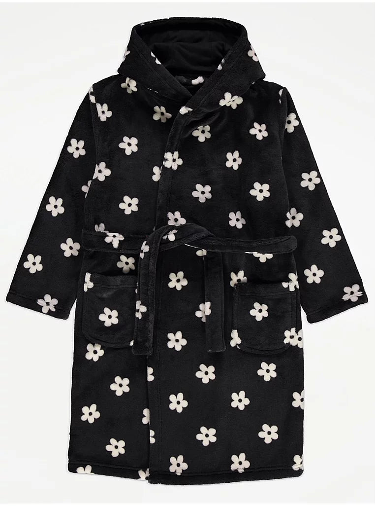 Black Daisy Fleece Dressing Gown