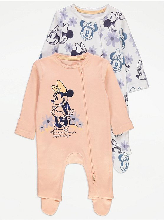 Disney Minnie Mouse Ribbed 2 Way Zip Sleepsuits 2 Pack