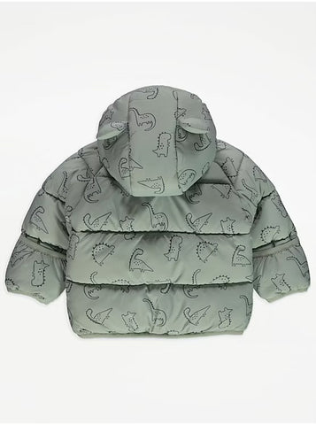 Green Dinosaur Fleece Lined Padded Coat