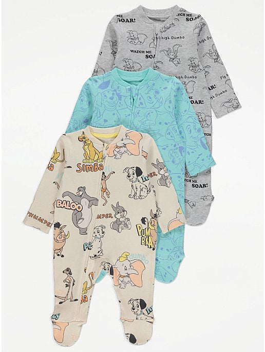 Disney Character Print Zip Up Sleepsuits 3 Pack