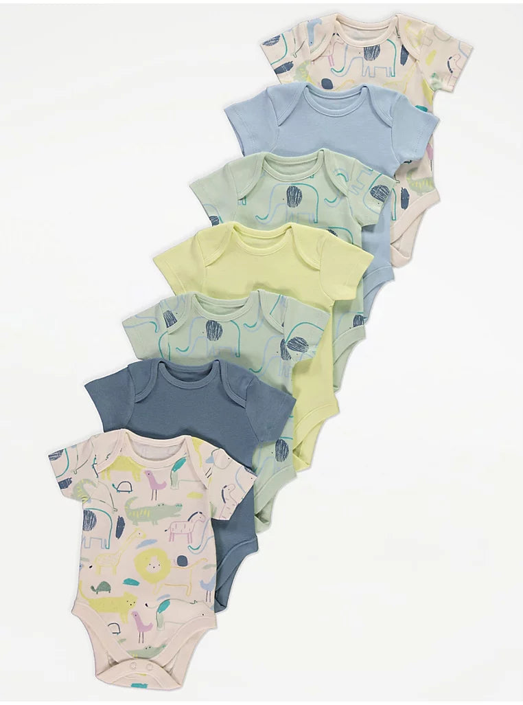 Safari Animal Sketch Short Sleeve Bodysuits 7 Pack