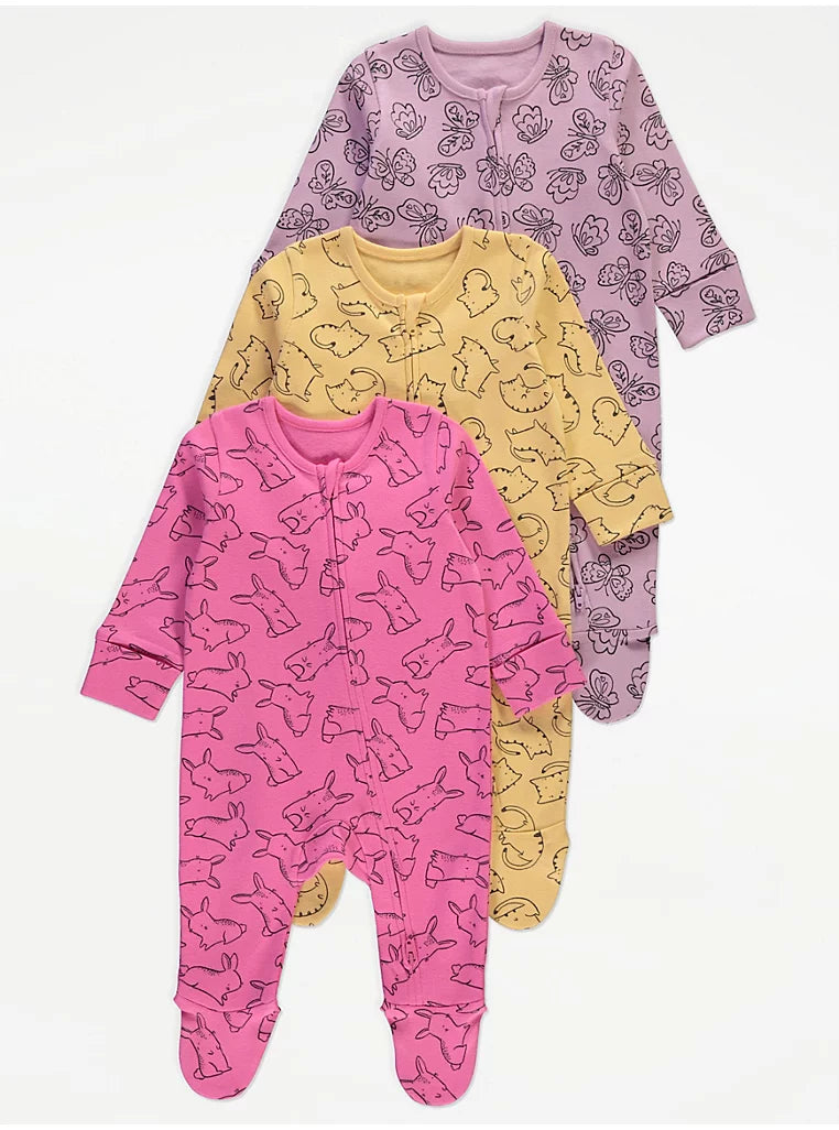 Cute Animals Zip Fasten Sleepsuits 3 Pack