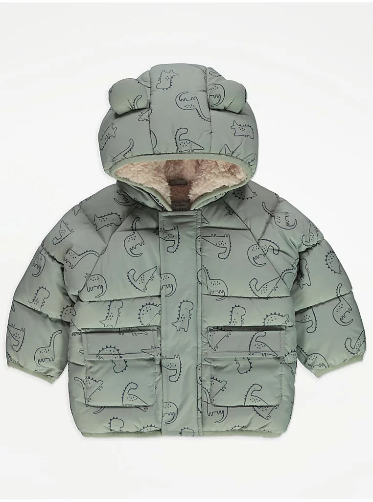 Green Dinosaur Fleece Lined Padded Coat