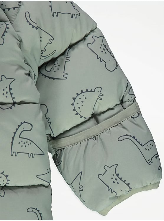 Green Dinosaur Fleece Lined Padded Coat