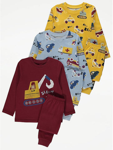 Vehicle Bear Long Sleeve Pyjamas 3 pack