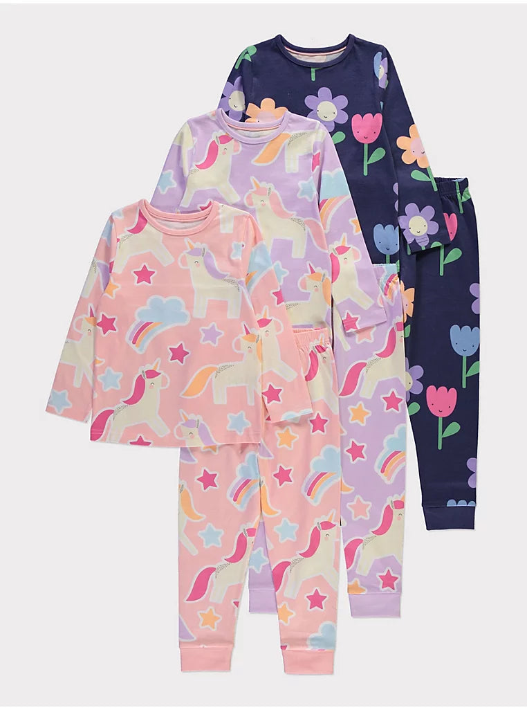 Unicorn Flower Long Sleeve Pyjamas 3 Pack