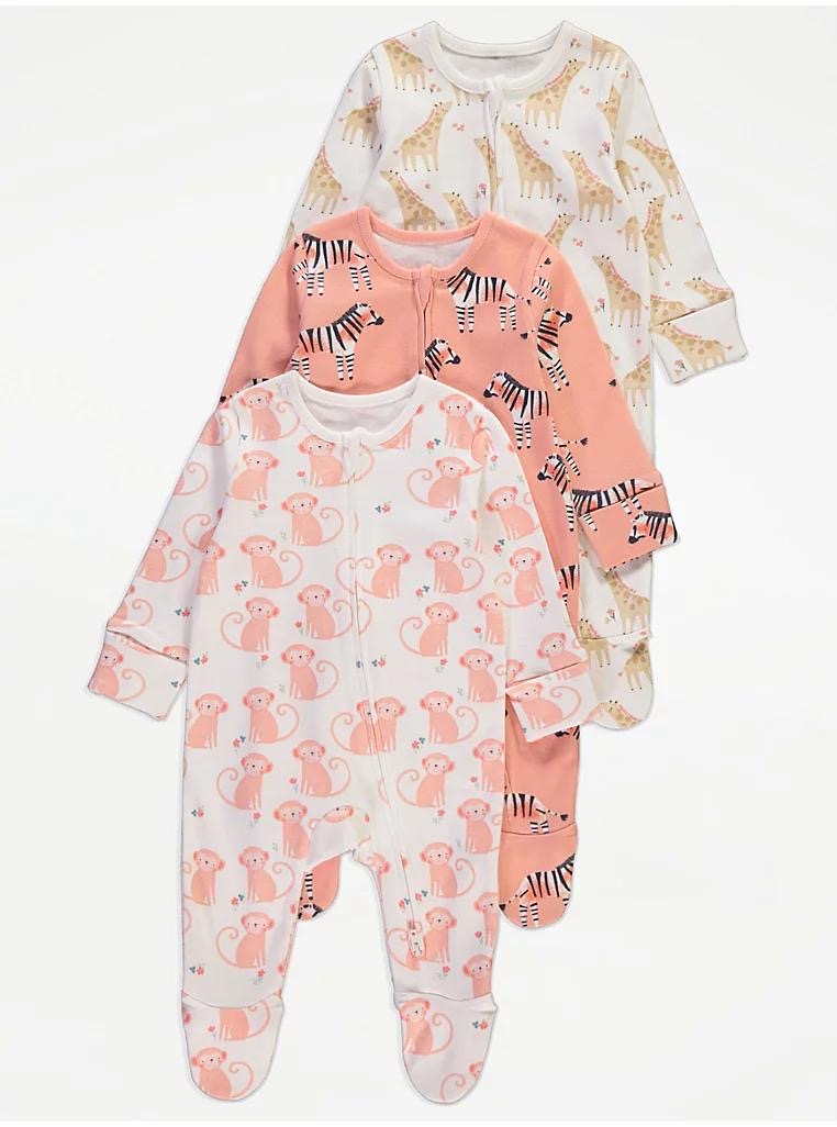 Peach Safari Animals Zip Fasten Sleepsuits 3 Pack