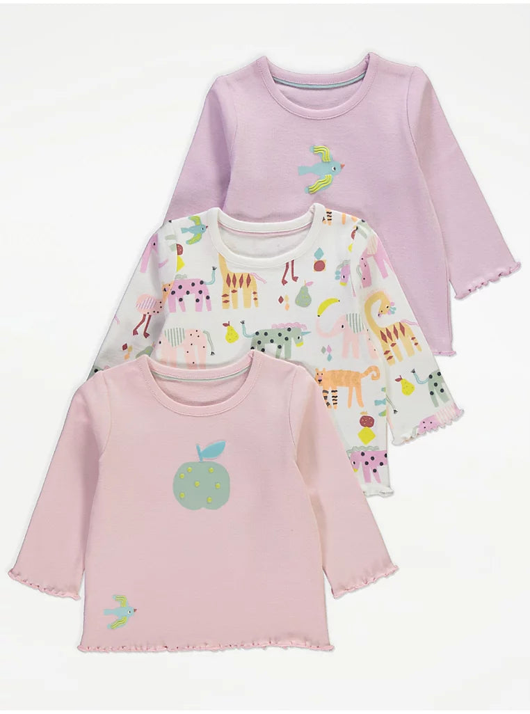 Safari Fruit Lettuce Edge Long Sleeve Tops 3 Pack