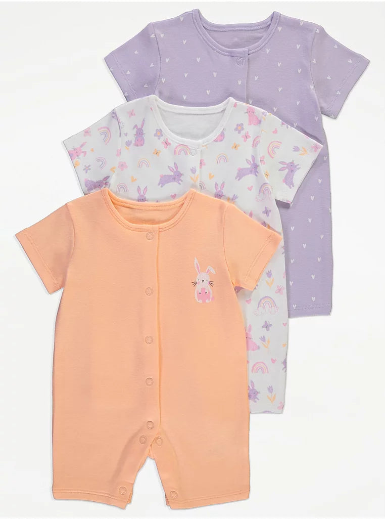 Pastel Bunny Heart Rompers 3 Pack