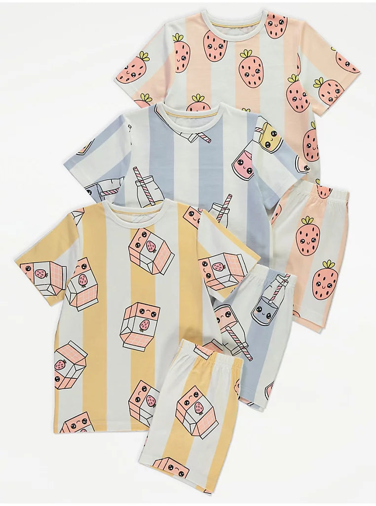 Striped Strawberry Milk Short Sleeve Pyjamas 3 Pack