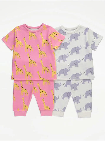 Giraffe and Elephant Short Sleeve Pyjamas 2 Pack