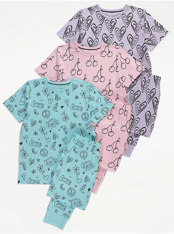 Pastel Cool Vibes Sketch Short Sleeve Pyjamas 3 Pack