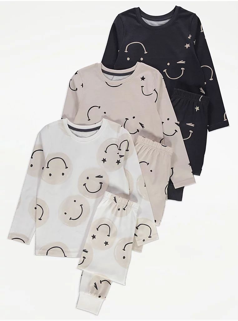 Neutral Smiley Face Long Sleeve Pyjamas 3 Pack