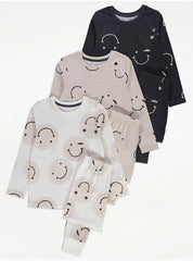 Neutral Smiley Face Long Sleeve Pyjamas 3 Pack