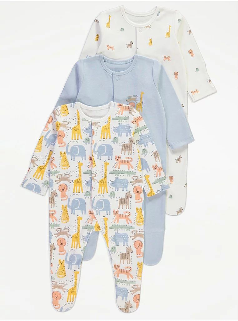 Safari Animal Long Sleeve Sleepsuits 3 Pack