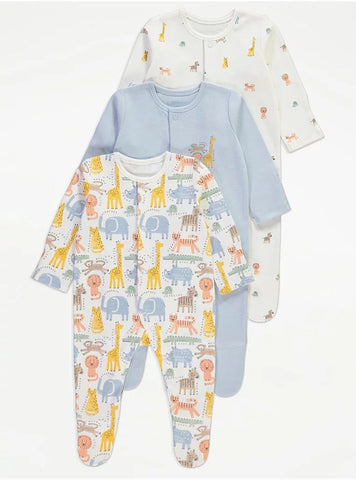 Safari Animal Long Sleeve Sleepsuits 3 Pack