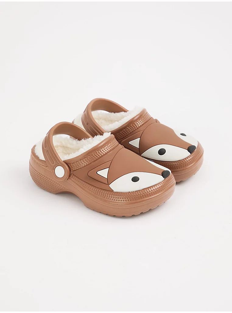 George at ASDA Kids Brown Fox Fleece Lined Clogs Shoes