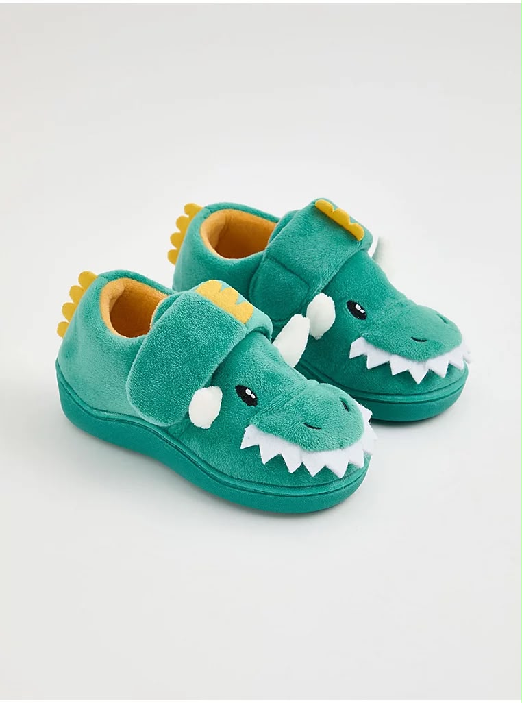 Kids Green Dinosaur Plush Warm Slippers with Hook and Loop Fastener