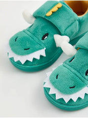 Kids Green Dinosaur Plush Warm Slippers with Hook and Loop Fastener