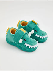 Kids Green Dinosaur Plush Warm Slippers with Hook and Loop Fastener