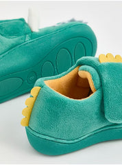 Kids Green Dinosaur Plush Warm Slippers with Hook and Loop Fastener