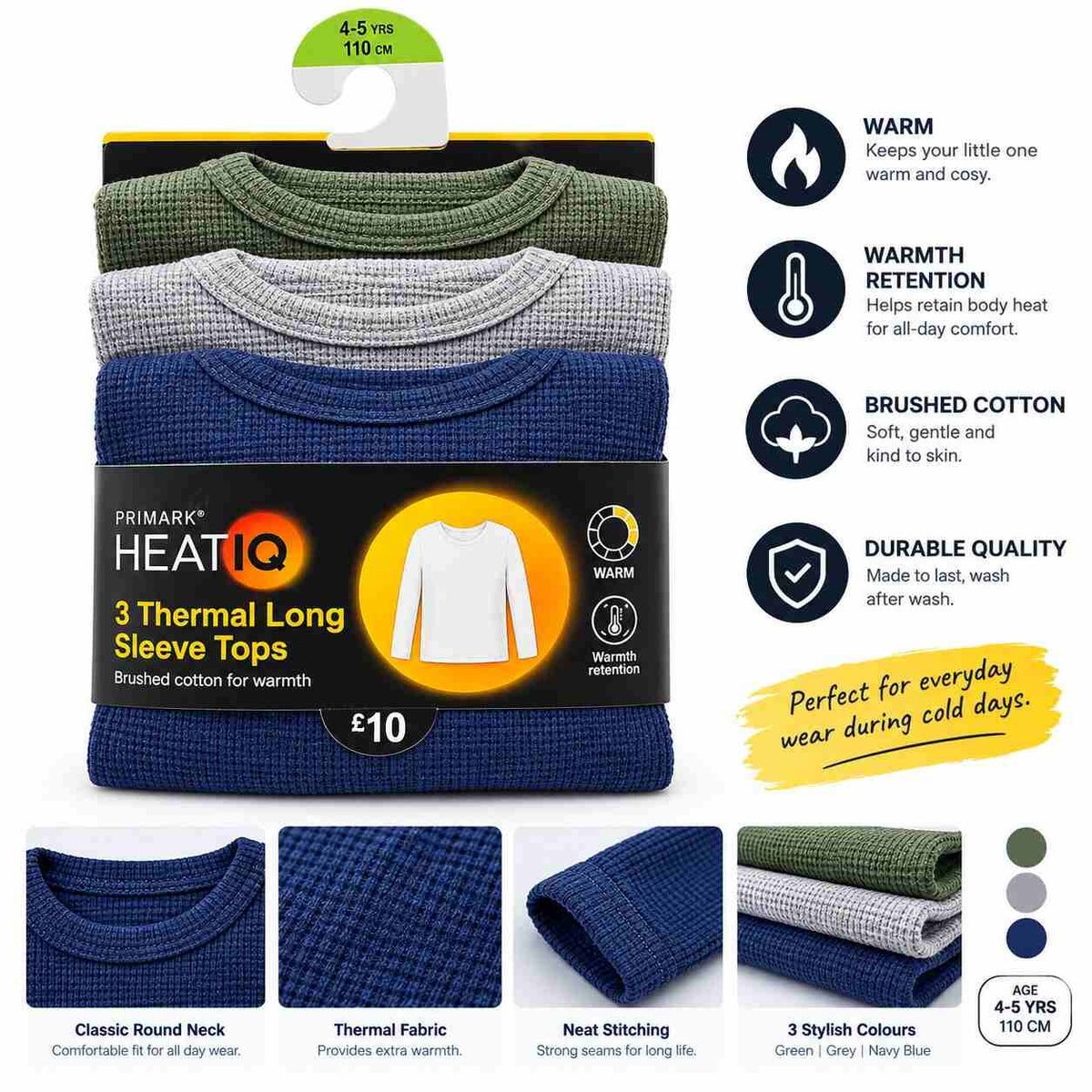 Primark HEATIQ Kids Thermal Long Sleeve Tops 3-Pack