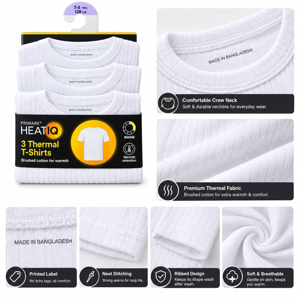 Primark HEATIQ Kids White Thermal T-Shirts 3-Pack