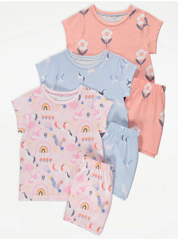 Pastel Unicorn Flower Short Pyjamas 3 Pack