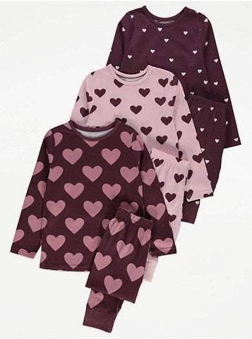 George Burgundy Heart Long Sleeve Pyjamas 3 Pack