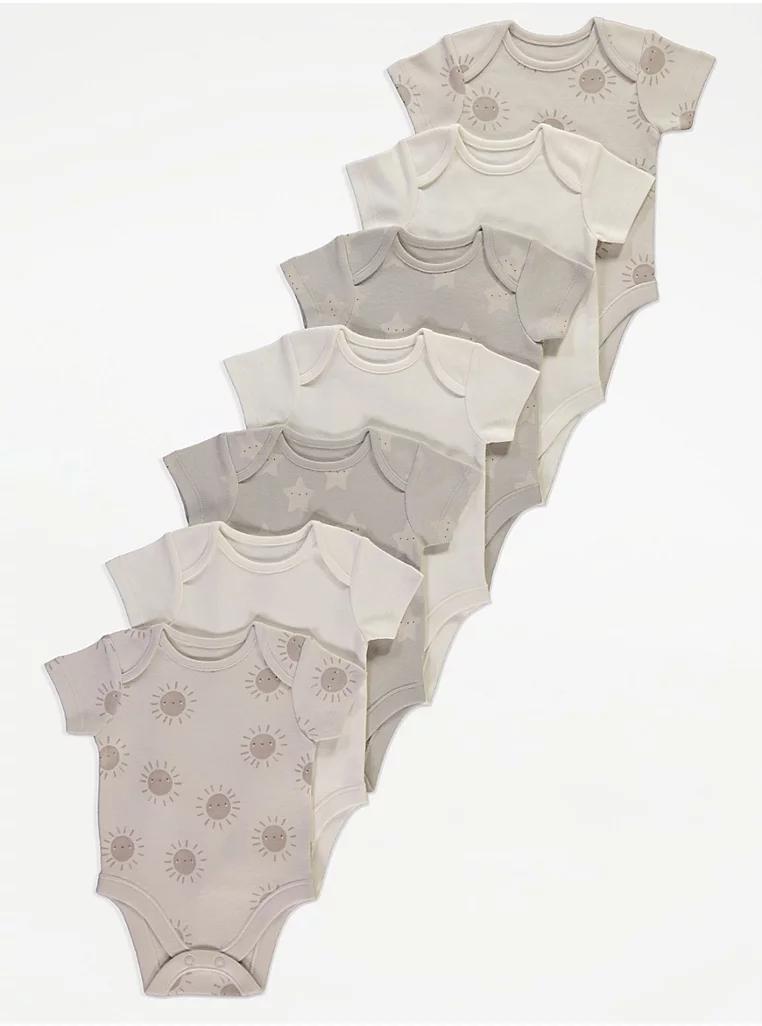 Grey Sunshine Stars Short Sleeve Bodysuits 7 Pack