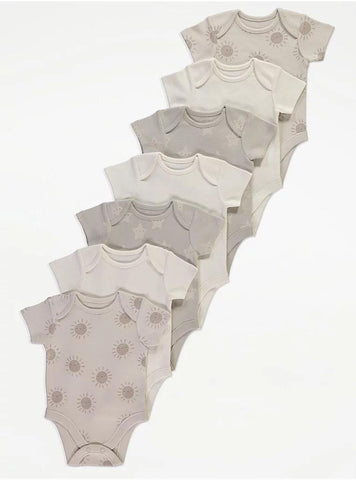 Grey Sunshine Stars Short Sleeve Bodysuits 7 Pack