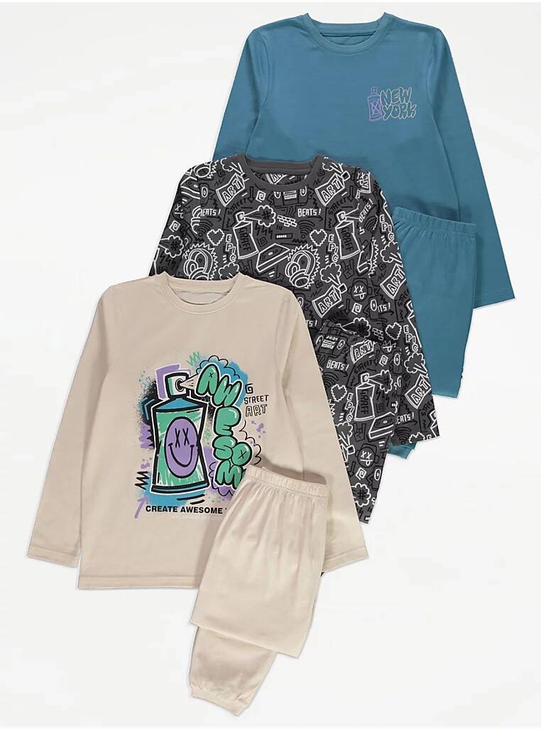 George Graffiti Spray Paint Long Sleeve Pyjamas 3 Pack